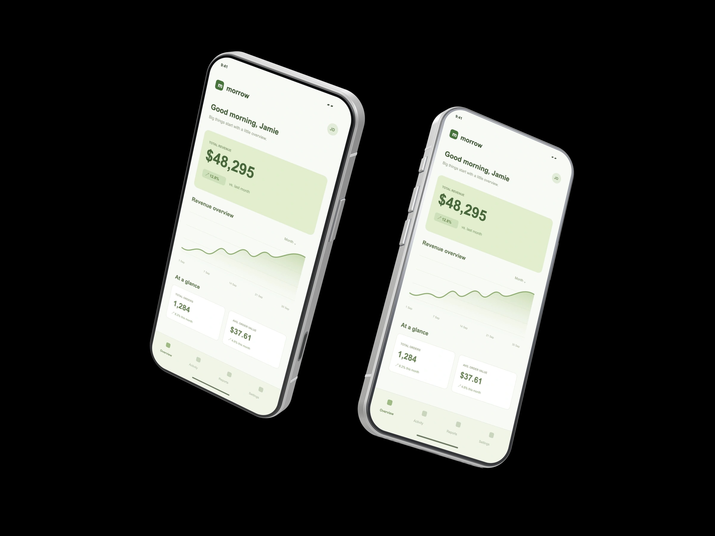 Two independently angled phones displaying an app interface