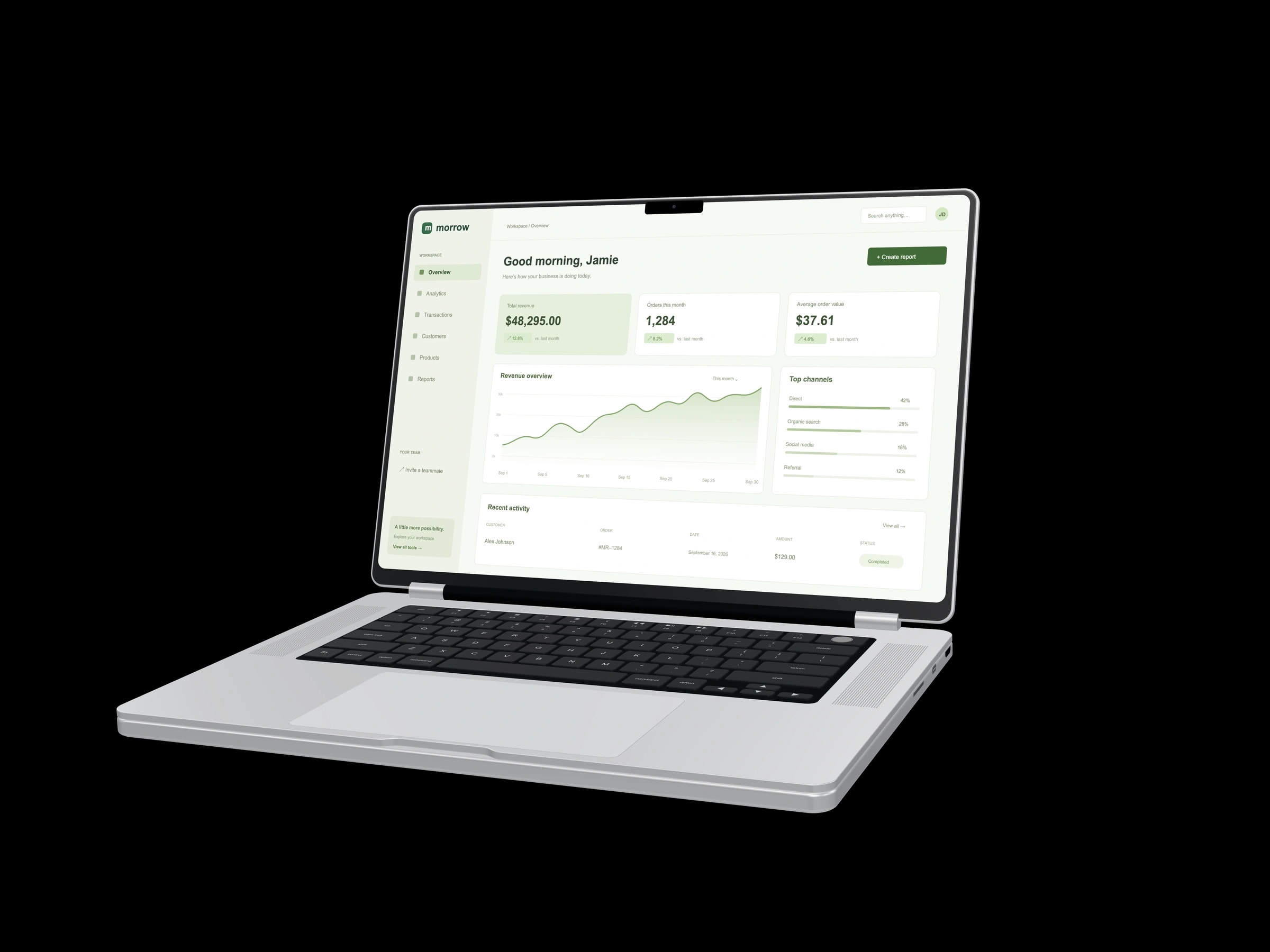 An angled laptop showcasing a desktop dashboard for a presentation